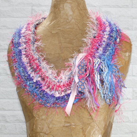 HAND CRAFTED Scarf Upcycled Crochet Infinity Oversized Fuzzy Necktie Pink Stripe - Picture 1 of 12